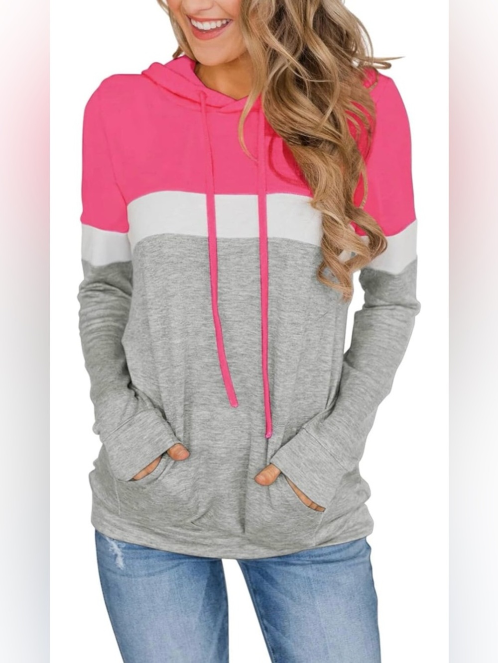 Pinkmstyle Color Block Hoodie Sweatshirt Pink Grey White Size Small Gently Used